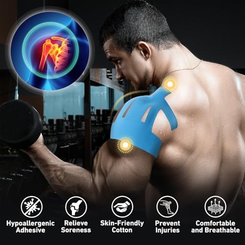 Kinesiology Tape for Shoulder Precut, 12 PCS Shoulder Tape for Pain Relief, KTQUICK Original Cotton Waterproof & Breathable, Enhance Elastic Sports Tape for Pain Support and Muscle Sports, Blue
