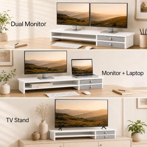 Dual Monitor Stand, 42.5 Inch Wood Monitor Riser with Drawers, 2 Tier Desktop Organizer for Computer Laptop TV, Large Screen Stand for Home Office Desk