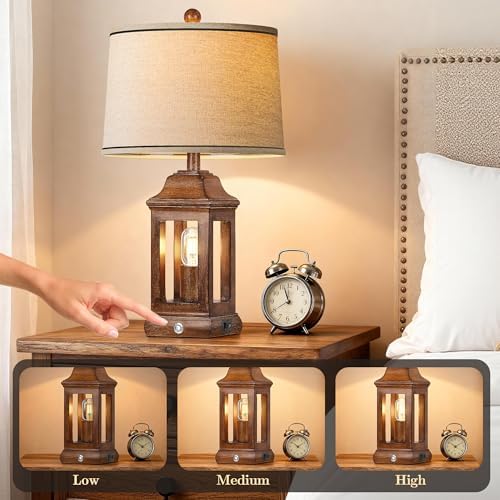 24" Rustic Farmhouse Table Lamps for Living Room Set of 2, Touch Dimmable Nightlight Vintage Bedside Lamps with USB A+C Ports & Dual Light Sources for Bedroom Nightstand End Table, Wood Grain