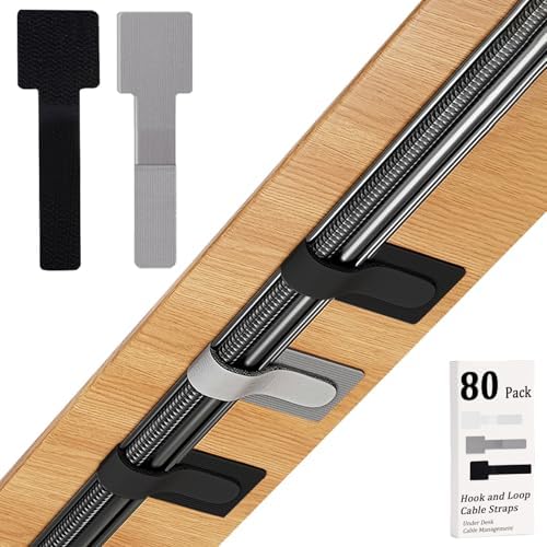 80PCS Hook and Loop Cable Straps, Cable Management Under Desk, Adhesive Cable Tie, Reusable Wire Organizer for Cords, Cord Management, Computer Accessories for Desk, Home Office Essentials, Black+Gray