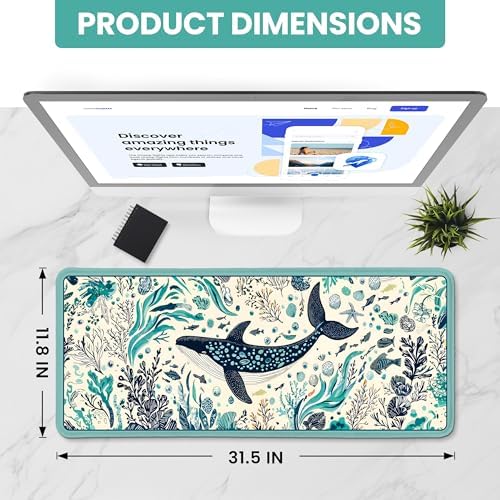 Aesthetic Desk Mat, Cute Drifting Whales Desk Pad Protector for Work & Decor, 31.5" x 11.8", Pretty Non-Slip Extended Mouse Pad for Office or Home