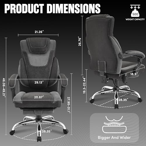 Massage Office Chair, Big and Tall Office Chair with Footrest, Ergonomic Executive Desk Chair with Extra Wide Seat, High Back&Padded Armrests, Reclining Fabric Computer Chairs, BlackGrey