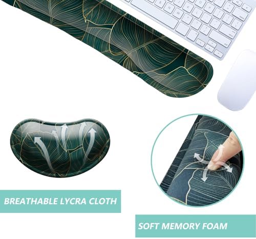 Keyboard Wrist Rest Mouse Wrist Support Set, Memory Foam Wrist Rest Pad for Computer Laptop Keyboard Mouse, Ergonomic Wrist Cushion Support for Typing Pain Relief, Gaming Home Office, Green Leaves