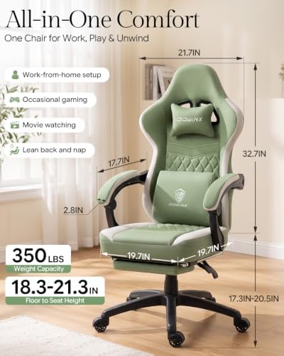 Dowinx Gaming Chair Breathable Fabric Game Chair with Gel Pad and Storage Bag, Comfortable Gamer Chair with Pocket Spring Cushion, Ergonomic Computer Chair with Footrest, Green