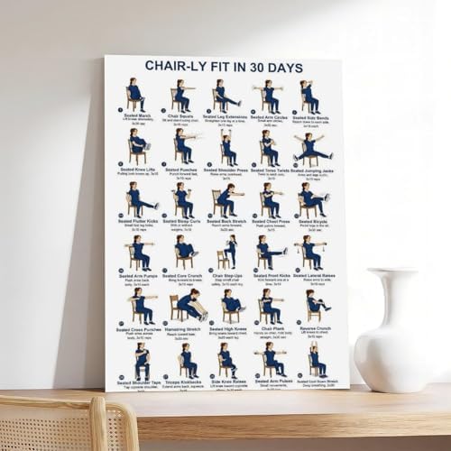 30 Day Chair Workout Challenge Seated Exercise Chart No Equipment Office Chair Routine Fitness Canvas Poster Wall Art for Living Room Bedroom Decor Frame 24x36inch