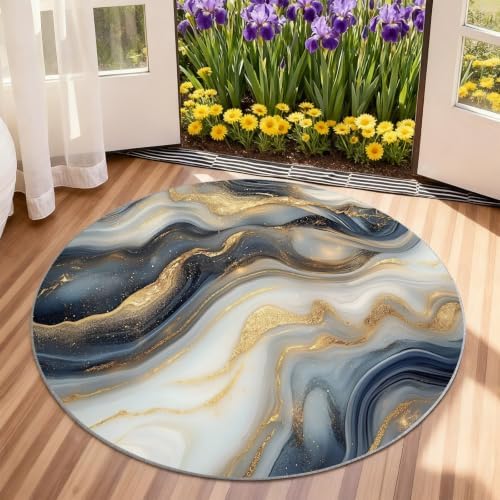 Marble Round Rug - 8ft Washable Abstract Marble Round Area Rug for Living Room, Modern Luxury Circle Rugs Soft Non-Slip Carpet for Bedroom Dining Table Coffee Table Decor Mat