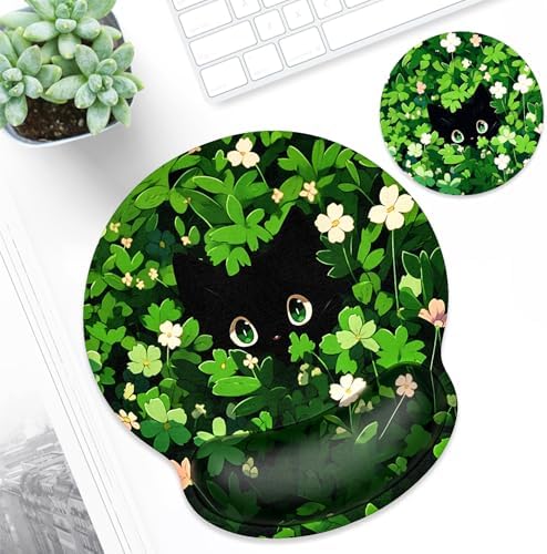 ITNRSIIET Ergonomic Mouse Pad with Wrist Support Wrist Rest Smooth Surface Non-Slip Rubber Base Comfortable Office Supplies Pain Relief, 9.8 x 9.1 inches, Green Leave Cat