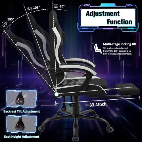 Gaming Chair with Footrest, Ergonomic Fabric Desk Chair, Black