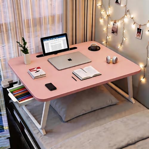 27.6" Home Office Folding Lap Desk with Drawer, Tablet Slot, Cup Holder - Fits up to 18 Inch Laptops, Bed Desk for Reading, Writing, Eating, Portable Laptop Table for Sofa, Coach, Floor (Pink)