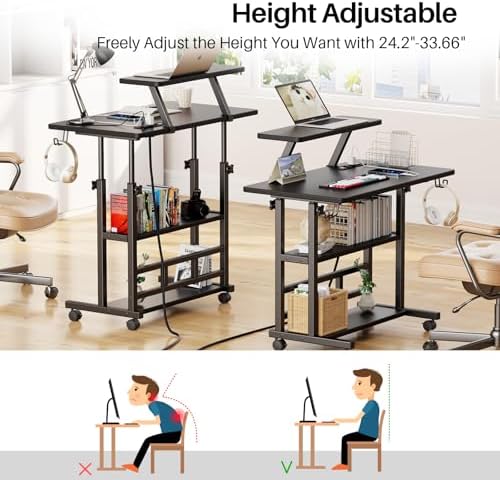 Adjustable Height Standing Desk with Power Outlets, Rolling Stand Up Desk with Monitor Stand and Storage Shelves, 31.5" Small Mobile Computer Desk, Portable Laptop Table (Black with Monitor Stand)
