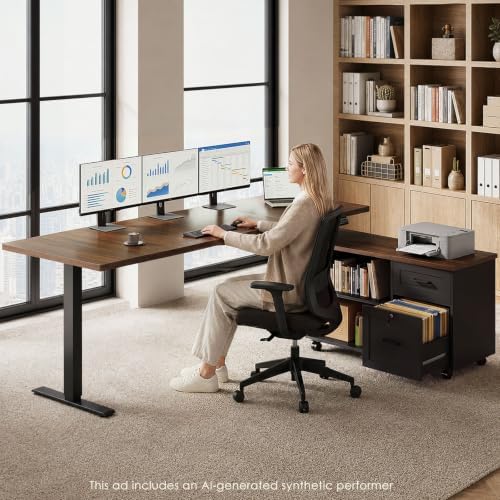 OffiGo 71" L Shaped Electric Standing Desk with Cabinet Sets, Walnut/Black