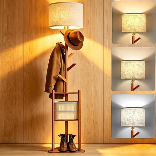 Coat Rack Standing Lamp Floor Lamp with Shelves, Modern Tall Lamp with 5 Hooks Clothes Rack, 3 Color Dimmable Floor Lamps for Bedroom, Living Room, Entryway, Corner