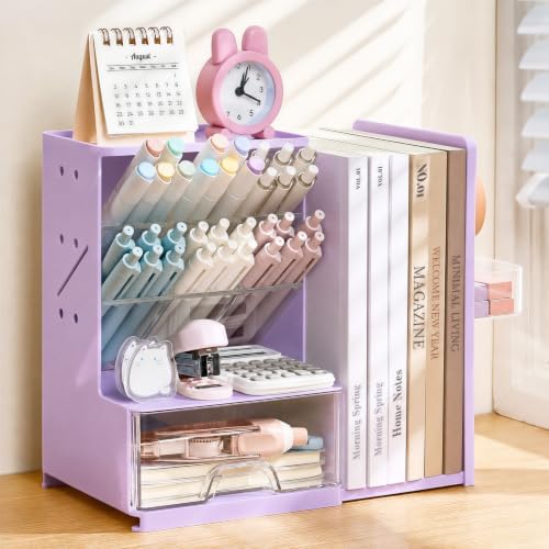 Sooez Desk Organizer with Bookends, Pegboard & Drawer, Pen & Pencil Holder