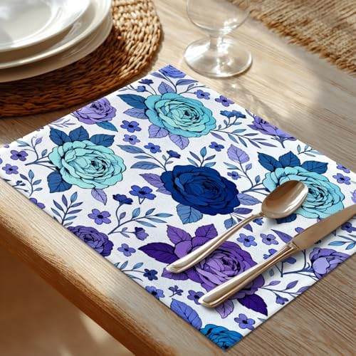 Shrahala Cobalt Blue Floral Orientalism Flower Placemats, Set of 4 (12 x 18 inch) for Valentine's Day