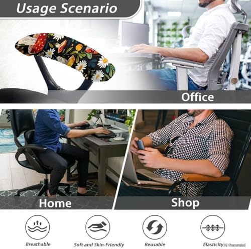 Mushroom Daisy Print Office Chair Armrest Covers 2Pcs Stretchy Gaming Chair Arm Protector with Elastic Edge, Universal Fit