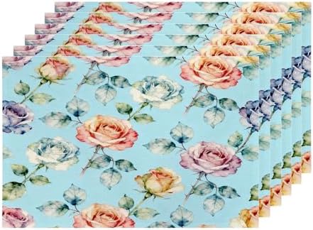 Shrahala Flower Set of 6 12 X 18 Inch Linen Placemats, Beautiful Flower Pattern Beauty Blossom Bouquet Elegant Floral Burlap Table Mat Washable Double Layered Heat Insulation for Indoor/Outdoor