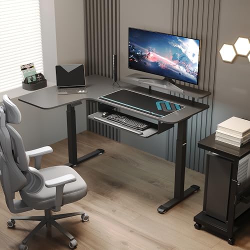EUREKA ERGONOMIC 55 Inch L Shaped Electric Standing Desk, Height Adjustable Computer Gaming Desk with Keyboard Tray, Mouse Pad, Home Office Work,Carbon Fiber Black, Left Side
