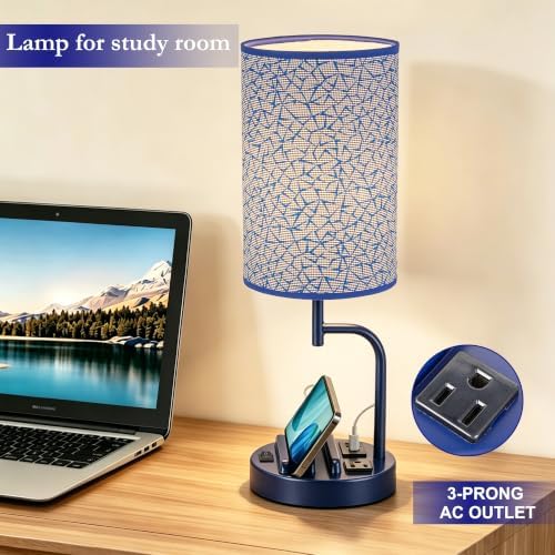 Dreamholder 2 Pack Table Lamp, Bedside Lamp with 3 USB Charging Ports & AC Outlet, USB Desk Lamp with 2 Phone Holders, Linen Fabric Shade Nightstand Lamps for Bedroom Living Room Office, Blue