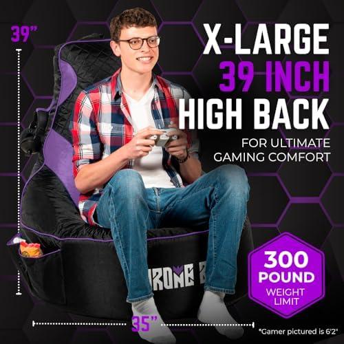 Gaming Bean Bag Chair Cover for Adults, High Back, Large Pockets, Purple