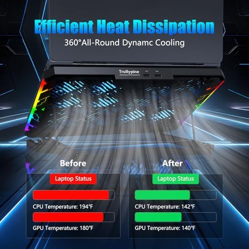Laptop Cooling Pad with 12 Quiet Fans, Slim Portable for 12-17.3 Inch Laptop Cooler Stand, RGB Lighting, with 5 Height Adjustable, Gaming Cooling Fan Pad,Two USB Ports, Phone Holder (LCD)