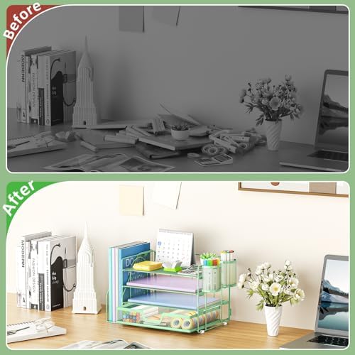Marbrasse 4-Tier Paper Tray Organizer with Drawer and Pen Holder, Green
