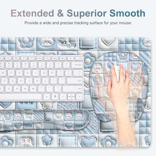 4 in 1 Large Mouse Pad, Keyboard Wrist Rest Set, Ergonomic Mouse Pad with Wrist Support, Desk Mat with Stitched Edges Extended Desk Pad Waterproof Desk Mat for Home Office Game I Cute Rabbit Baby Blue