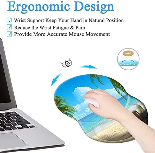 Ergonomic Mouse Pad with Wrist Support, Pain Relief Comfort Wrist Rest Pad with Non-Slip PU Base for Gaming, Home, Office & Travel, Blue Sky Beach