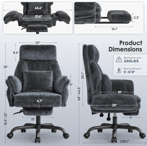 ELABEST C57 Ergonomic Reclining Office Chair with Footrest,Velvet Desk Chairs with 6-Stage Adjustable Wing Armrests for Cross Legged Sitting, Pet-Friendly High Back Lounge Gaming Chair for Home Office