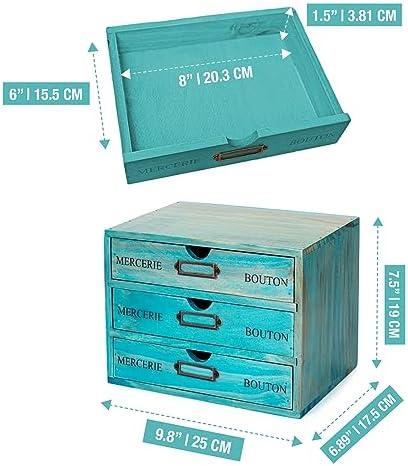 Turquoise 3-Tier Drawer Unit - European Country Style Desk Organizer Box - 9.7x7x7.5" Wooden Teal Stackable Drawers - Countertop Organizer Drawers w/Label Holder - Triple File Drawer Unit