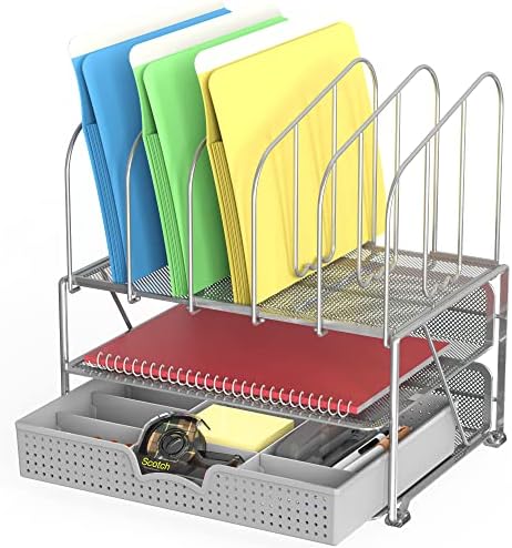 Deco Brothers Mesh Desk Organizer with Double Tray, 5 Upright Section, Gray