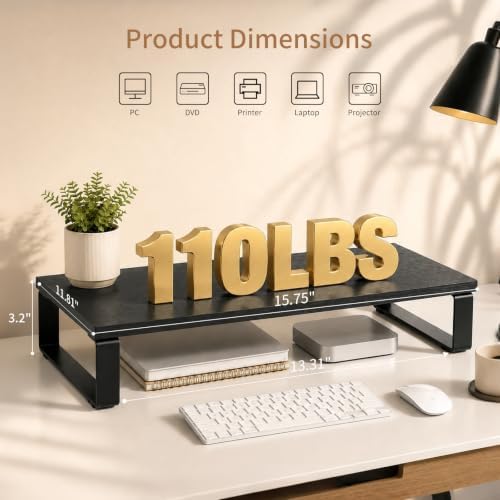 XINYAO 2 Pack Monitor Riser for Desk, Wood and Steel, 16*12*3 inch, Black