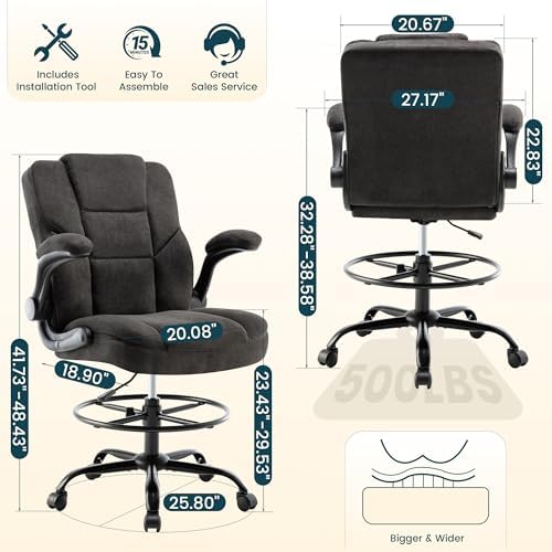 Drafting Chair 500Lbs, Tall Office Chair for Standing Desk, Fabric Executive Office Chair with Flip-up Armrests, Ergonomic High Chair with Adjustable Foot Ring, Comfy Stool Chairs, Black
