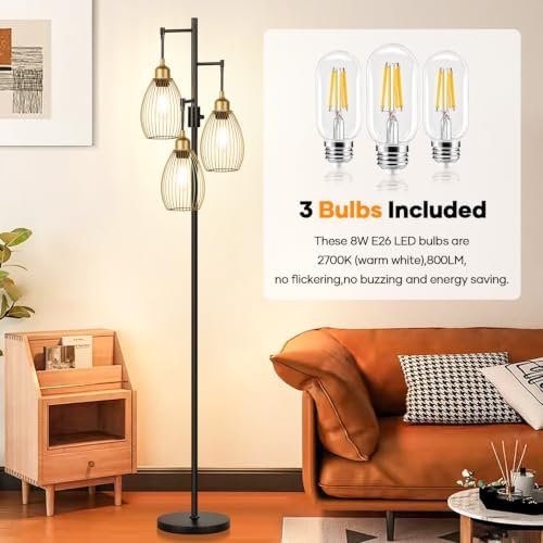 Dimmable Floor Lamp,3x800LM LED Bulbs Included, Farmhouse Industrial Floor Lamp Standing Tree Lamp with Teardrop Cage Head Tall Lamp for Living Room Bedroom Office Dining Room - Black Gold Edge