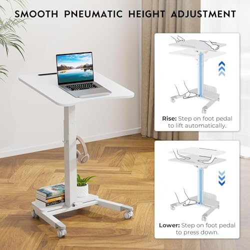 BONTEC Mobile Standing Desk, Adjustable Height, 23.6 x 20.5 Inch, White