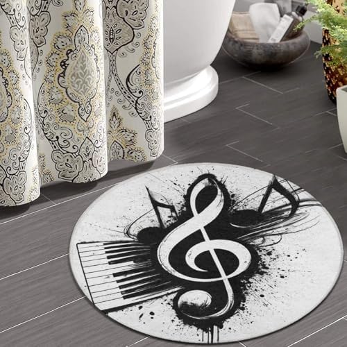 Men's Large Home Decor Mat, Soft Round Yoga Carpet, Non Slip Machine Washable Home Office Circle Rug Abstract Music Note Piano