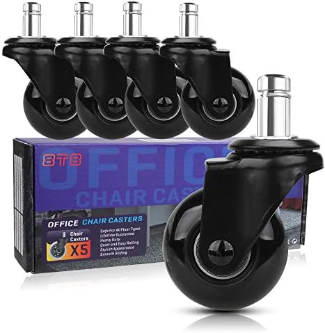 8T8 Replacement Chair Caster Wheels 2'', Heavy Duty Wheels with Plug-in Stem 7/16''X7/8'',Quiet & Smooth Rolling, No Chair Mat Needed, Safe for Hardwood Carpet Tile Floors,Set of 5 (Black, 2 inch)