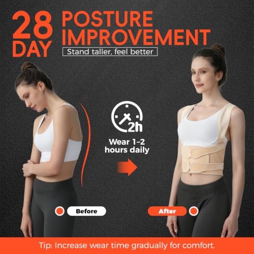 Posture Corrector for Women and Men Upgraded Back Brace, Adjustable Back Support for Upper and Lower Back Pain Relief, Shoulder Straightener for Hunchback, Thoracic, Scoliosis, Lumbar, Spine (Beige, M)