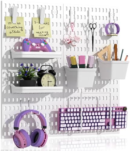 AKTOP Plastic Peg Board Wall Organizer 4-Pack, 12"x12" Pegboard Kit, White