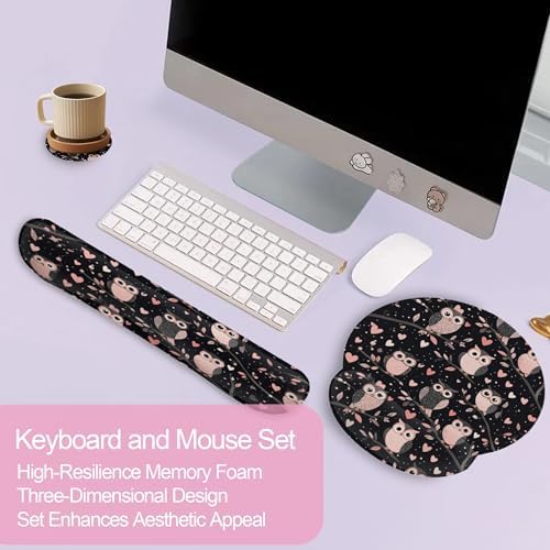 Cute Owl Pink Heart Keyboard Wrist Rest Pad Mouse Pad Set,Ergonomic Mousepad Wrist Support Memory Foam Desk Pad for Gaming Office,Non-Slip Rubber Base Easy Typing for Home Office Computers
