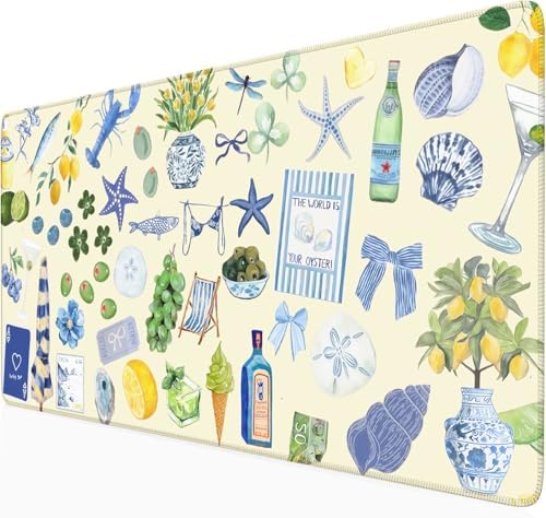 Cute Pastel Coastal Desk Mat with Vibrant Sea Life Beige Large Mouse Pad Cozy Aesthetic XXL Mouse Pad Anti-Slip Big Mousepad with Stitched Edges for Computer Desktop