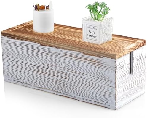 Large Cable Management Box, White Washed Wood Cord Organizer Box for Desk, Floor, Office to Hide Extension Cords Power Stripes Surge Protectors Chargers Wires