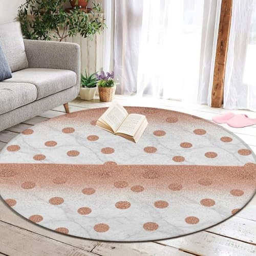 Large Machine Washable Circular Rugs, Home Decor Round Mat for Living Room Sofa Office Modern Rose Gold Pink Glitter Dots White Marble, 60inch