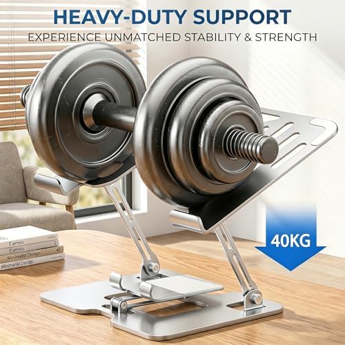 Adjustable Laptop Stand with Phone Holder, Ergonomic Alloy Steel Laptop Riser, Portable & Foldable Computer Stand for Desk, Compatible with MacBook Pro/Air All 10-18" Laptops (Silver)