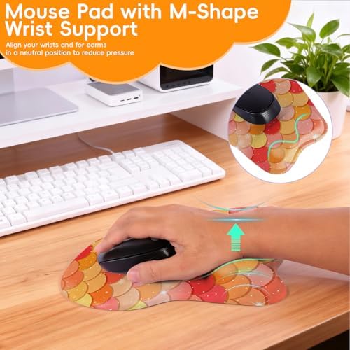 Mouse Pad with Wrist Rest Ergonomic Mouse Pad with Comfortable M-Shape Pain Relief Wrist Support Non-Slip PU Base Mousepad for Laptop, Office & Home (Orange Mermiad)
