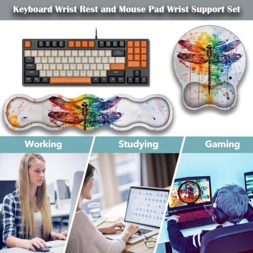 Ergonomic Keyboard Wrist Rest & Mouse Wrist Support Set with Lace Coaster, Gel Memory Foam Anti-Slip Base, Pain Relief for Typing, Watercolor Dragonfly