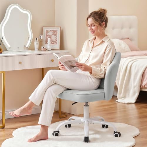 Vanity Chair with Wheels, Swivel Velvet Makeup Desk Chair, Grey
