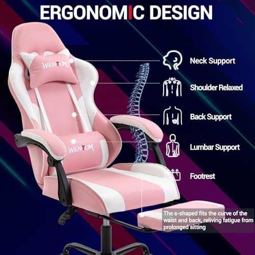 Gaming Chair with Footrest for Adults, PU Leather Video Game Chair with Massage Lumbar Support for Men Women, Ergonomic Computer Gamer Chair for Home Office, Height Adjustable, Pink