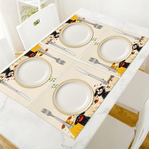 Cute Dogs Floral Washable Placemats Set of 4, Durable Heat Resistant Table Mats 17.7 X 11.8 Inch for Dining Table Kitchen Decor Indoor Use