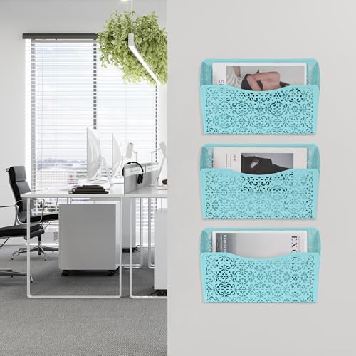 EasyPAG 3 Single Wall Mount File Organizer Vertical Metal Wall Pocket File Holder for Office, Home, School, Blue