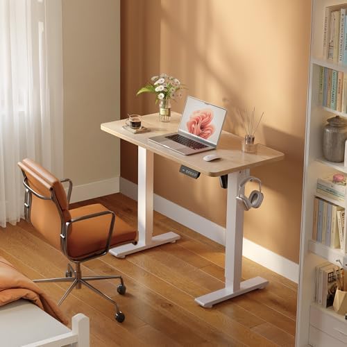 Cubiker Standing Desk, 32" Small Sit Stand Home Office Desk, Electric Stand up Desk, Adjustable Desk with Splice Board, White Frame/Maple Top